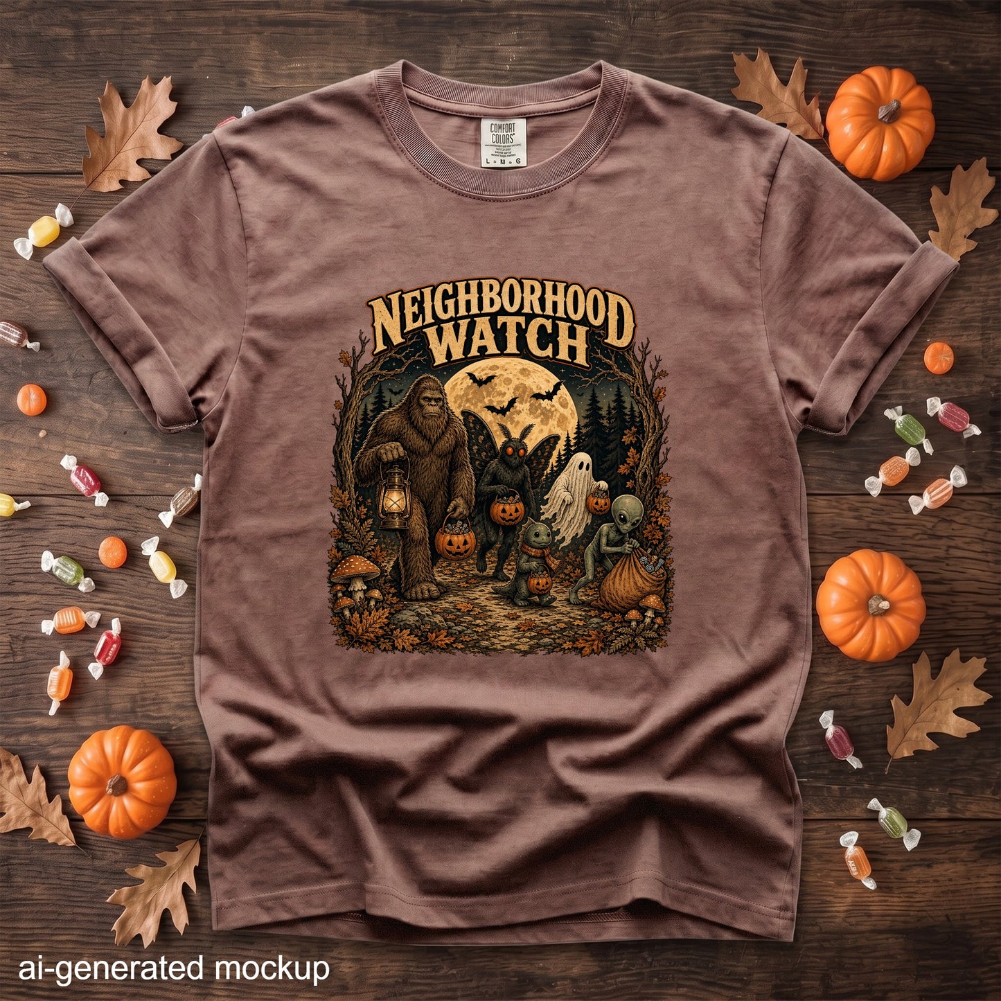 Brown t-shirt with Halloween "Neighborhood Watch" graphic featuring Bigfoot, mothman, ghost, and alien.