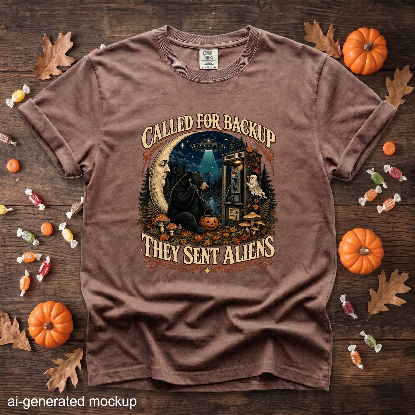 Brown t-shirt with "Called For Backup They Sent Aliens" graphic featuring a bear, moon, and UFO.