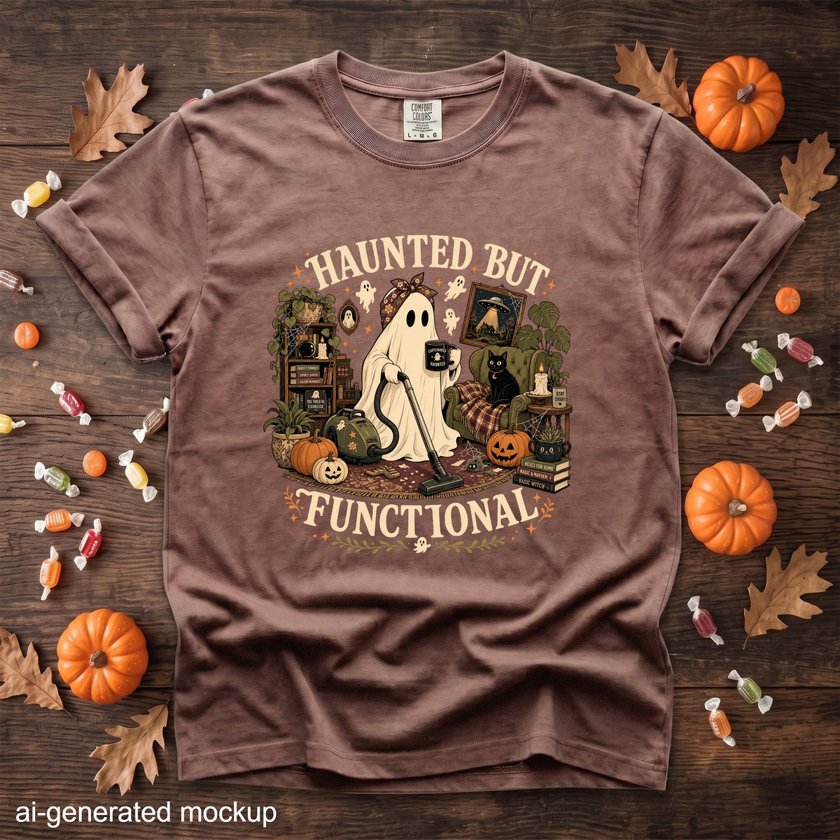 Brown t-shirt with a ghost vacuuming, reading "Haunted but functional" text.