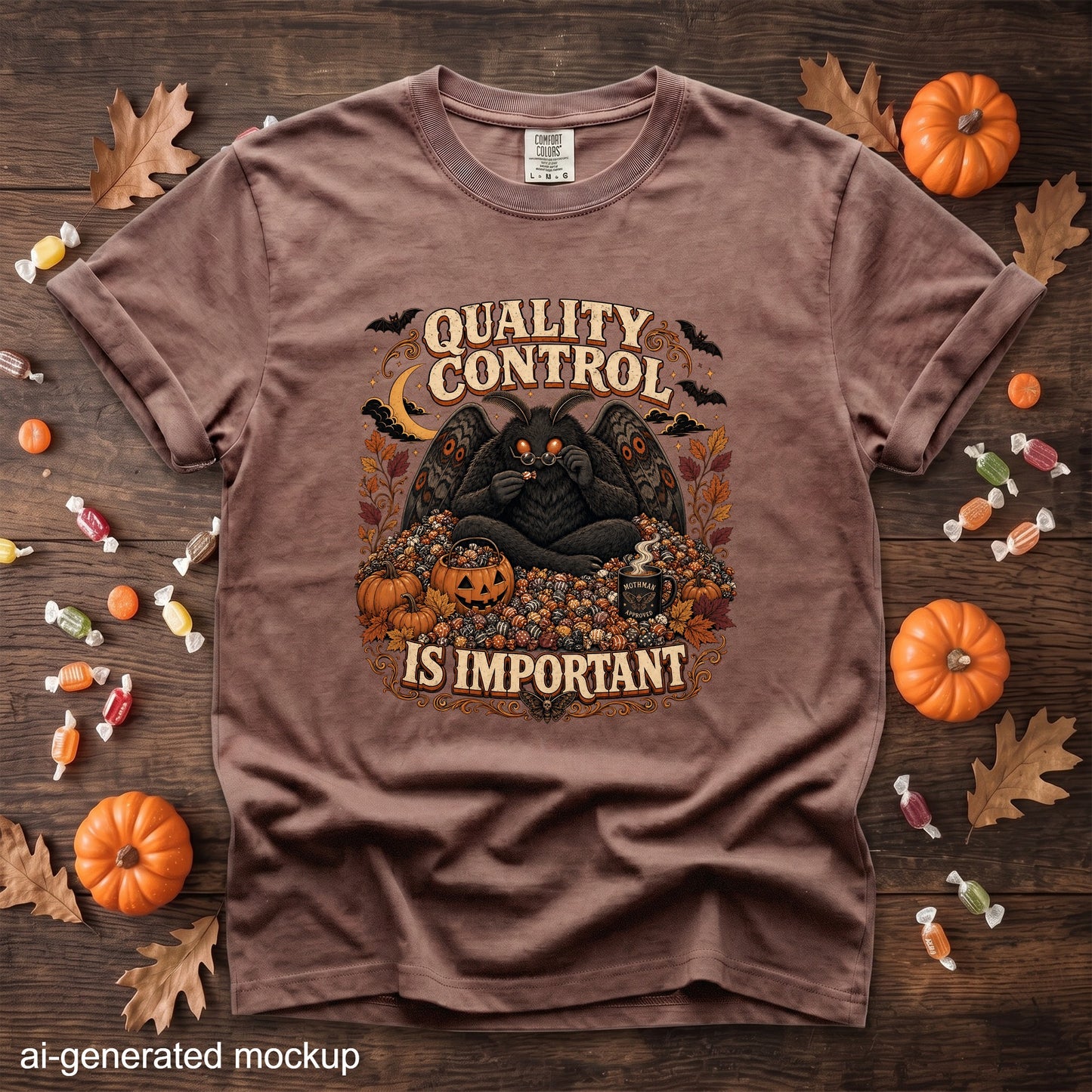 Brown t-shirt with mothman holding candy, pumpkins, and text "Quality Control is Important."