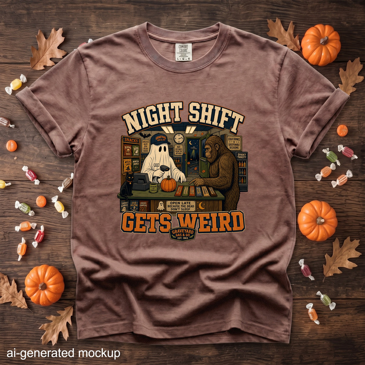 T-shirt graphic: Ghost and Bigfoot working at a gas station, text "Night Shift Gets Weird".