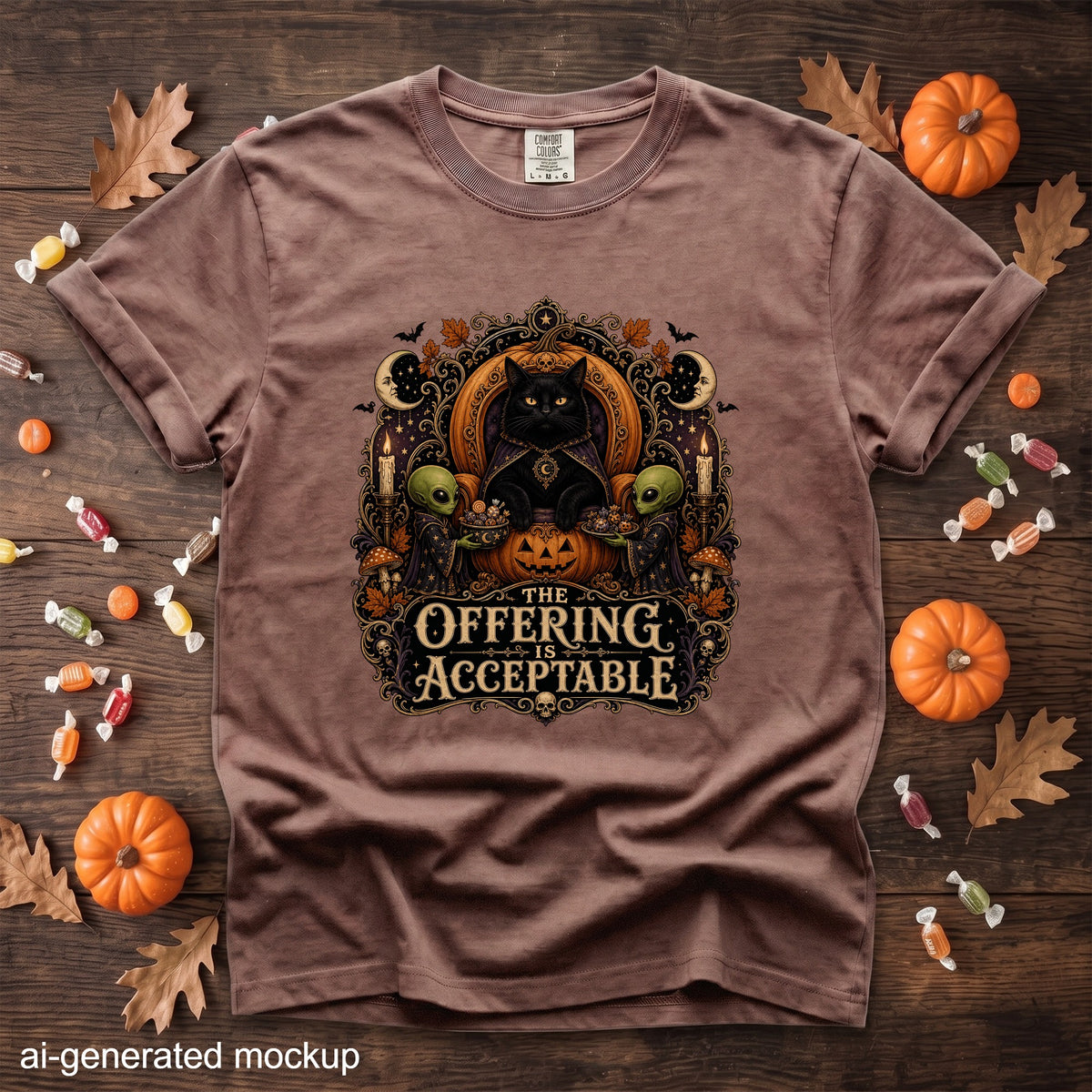 Brown t-shirt with black cat, aliens, pumpkin, and text "The Offering Is Acceptable".