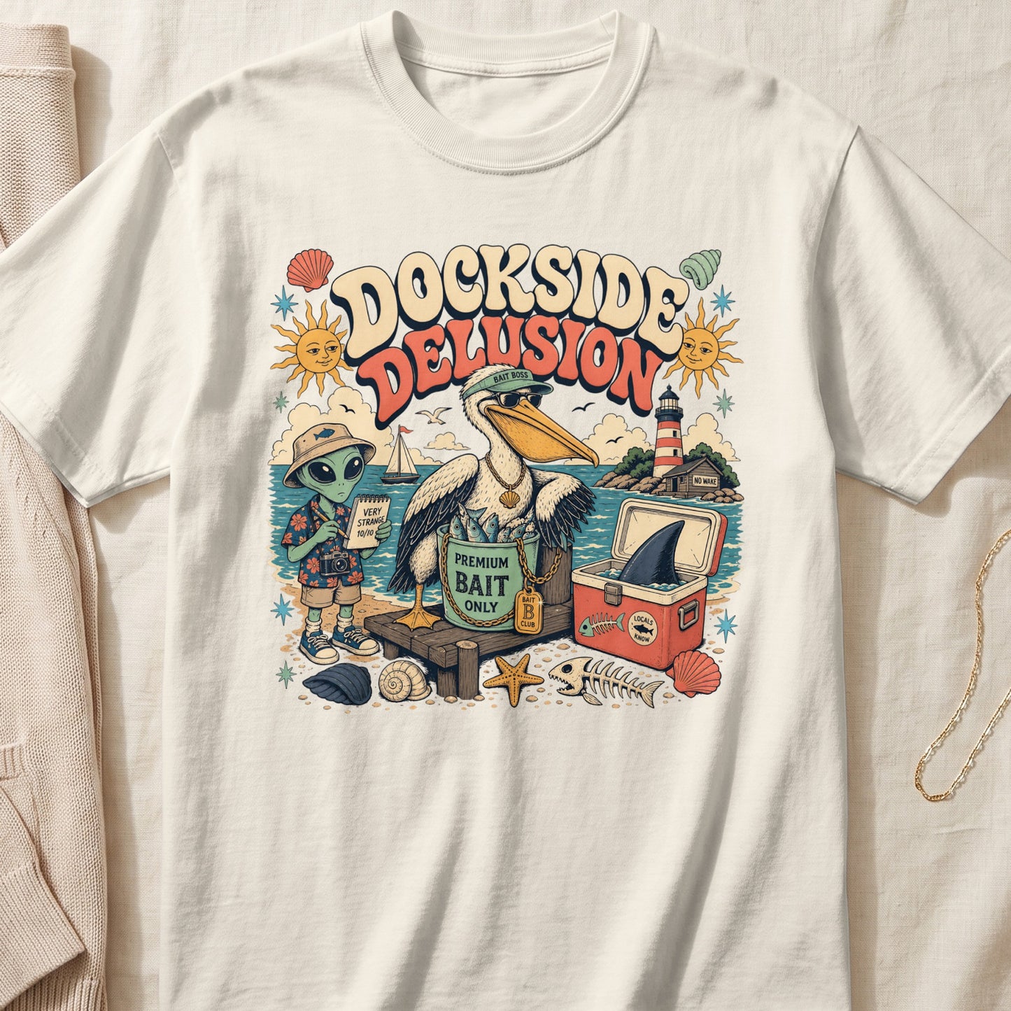 Dockside Delusion t-shirt with pelican, alien, shark, and lighthouse graphic.