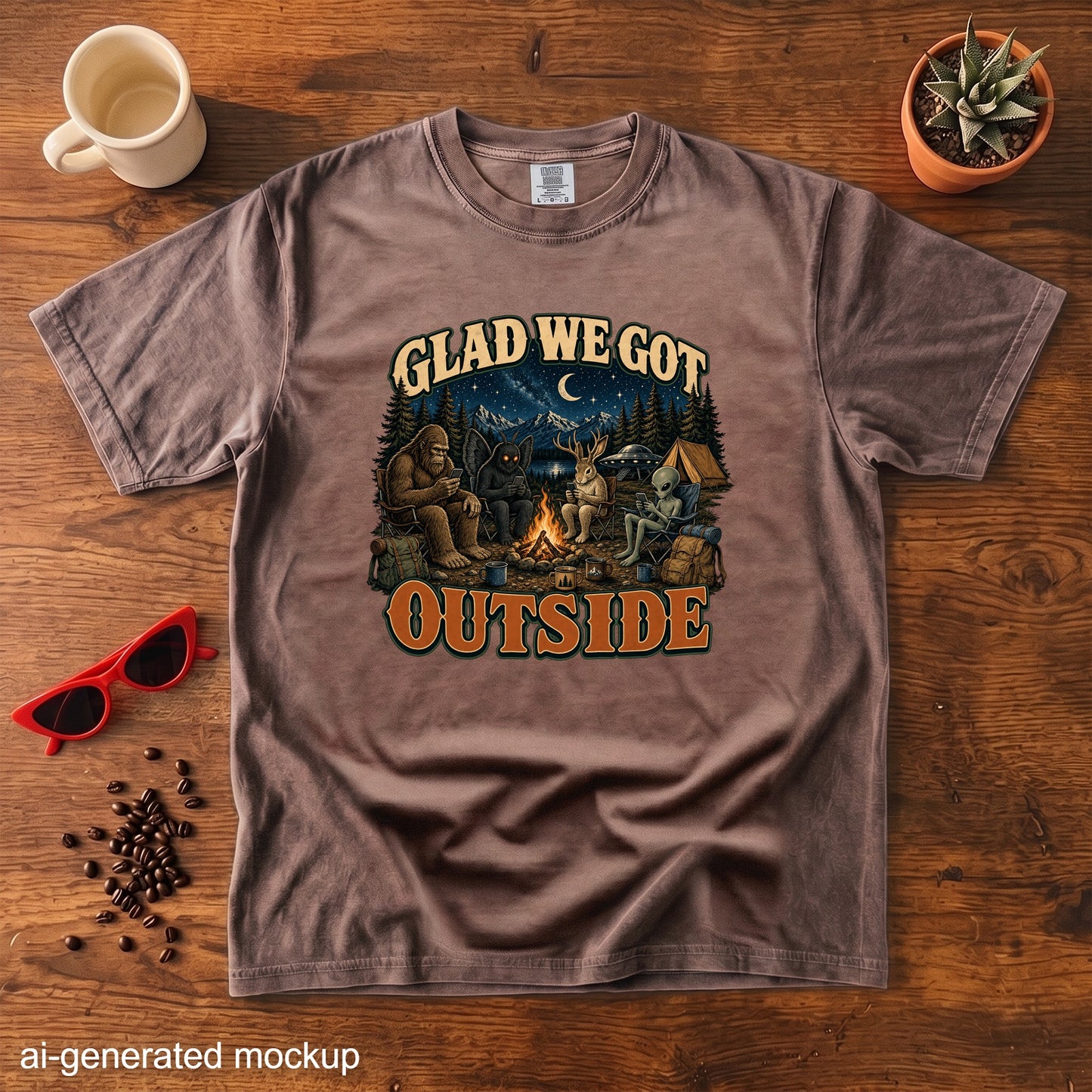 Brown t-shirt with "Glad We Got Outside" text and Bigfoot, Mothman, rabbit, and alien camping graphic.