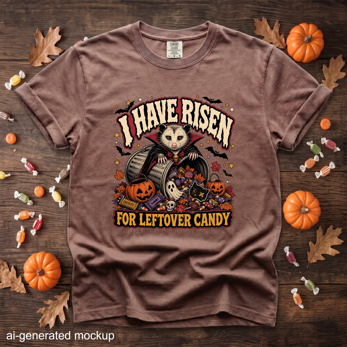 Brown t-shirt with "I HAVE RISEN FOR LEFTOVER CANDY" text and possum graphic.