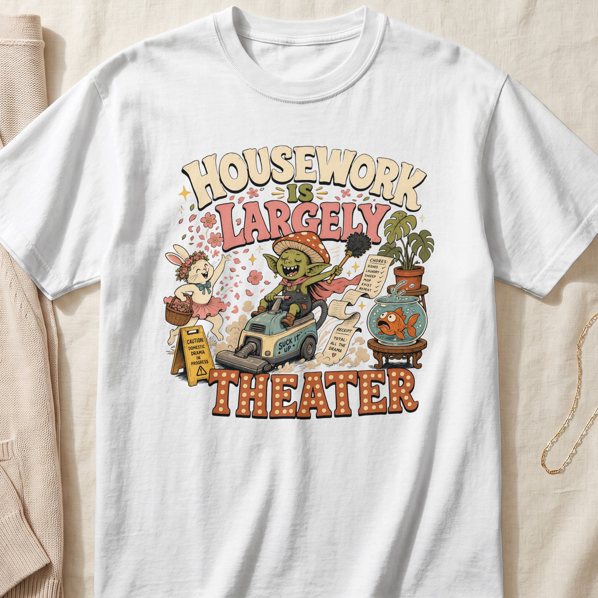 Goblin on vacuum with list and bunny, "Housework Is Largely Theater" text.