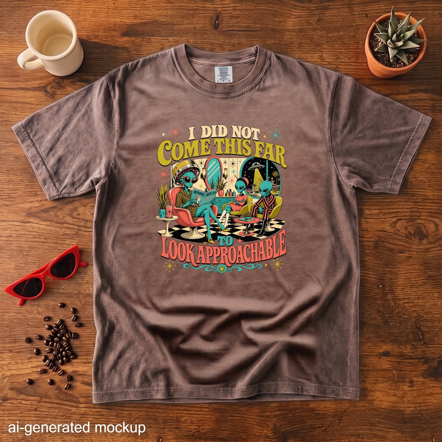 Brown t-shirt with graphic "I did not come this far to look approachable" and aliens.