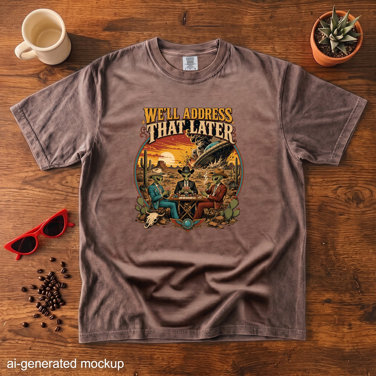 Brown t-shirt with graphic "WE'LL ADDRESS THAT LATER" featuring aliens playing cards.