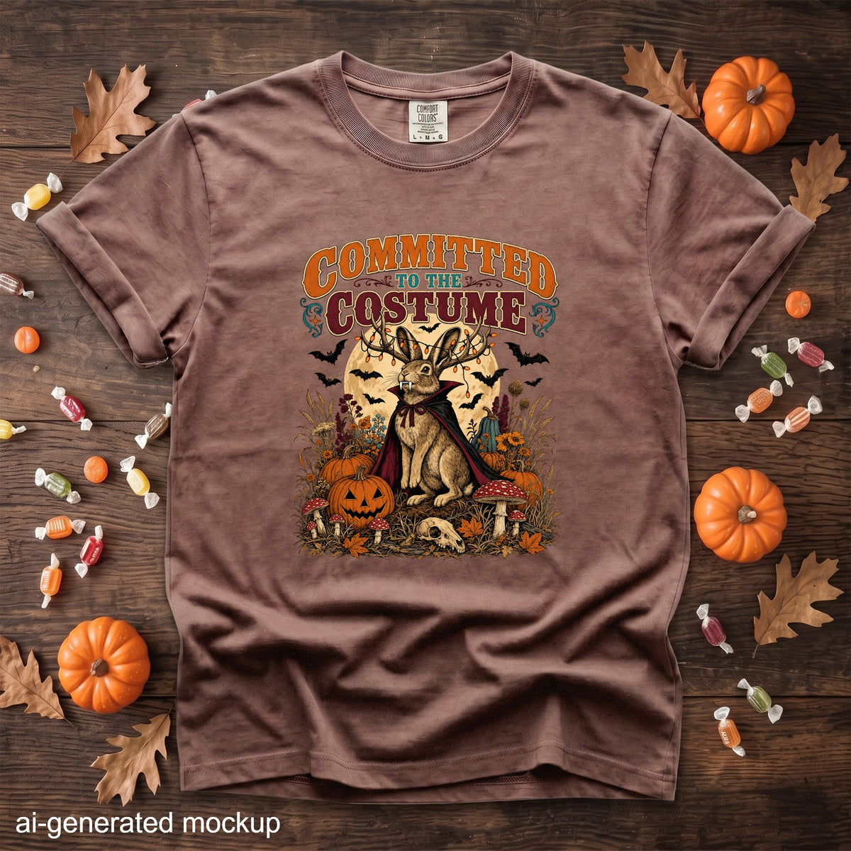 T-shirt with "Committed to the Costume" text and Halloween-themed rabbit graphic.