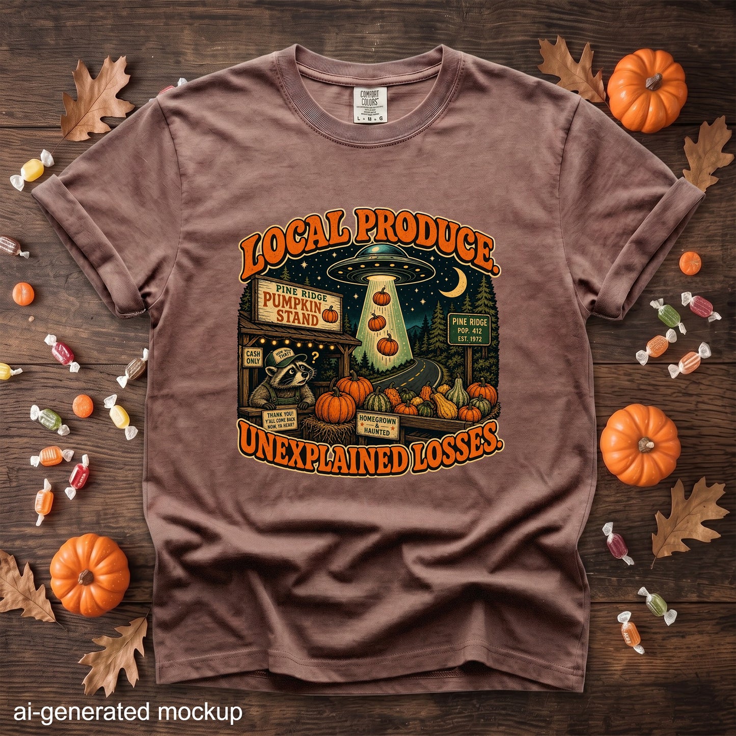 Brown t-shirt with "Local Produce Unexplained Losses" graphic featuring a UFO.