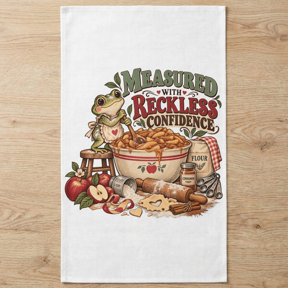 Frog baking pie with text "Measured with Reckless Confidence".