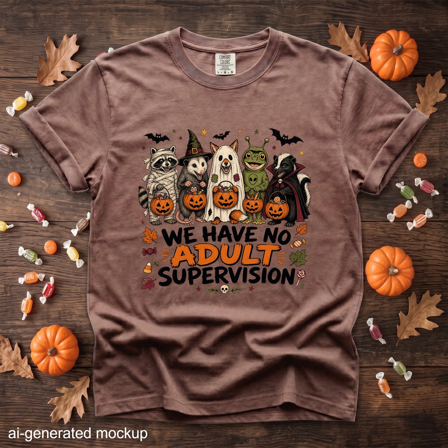 T-shirt graphic with animals in costumes and text "We Have No Adult Supervision".