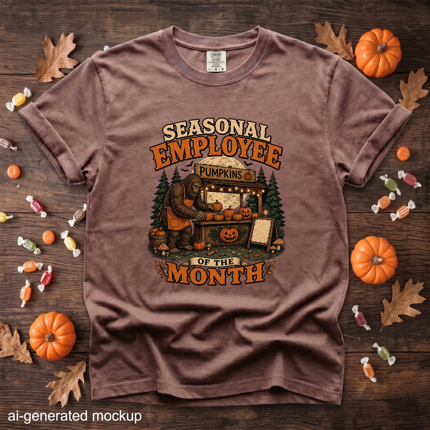 Brown t-shirt with Bigfoot selling pumpkins with "Seasonal Employee Of The Month" text.