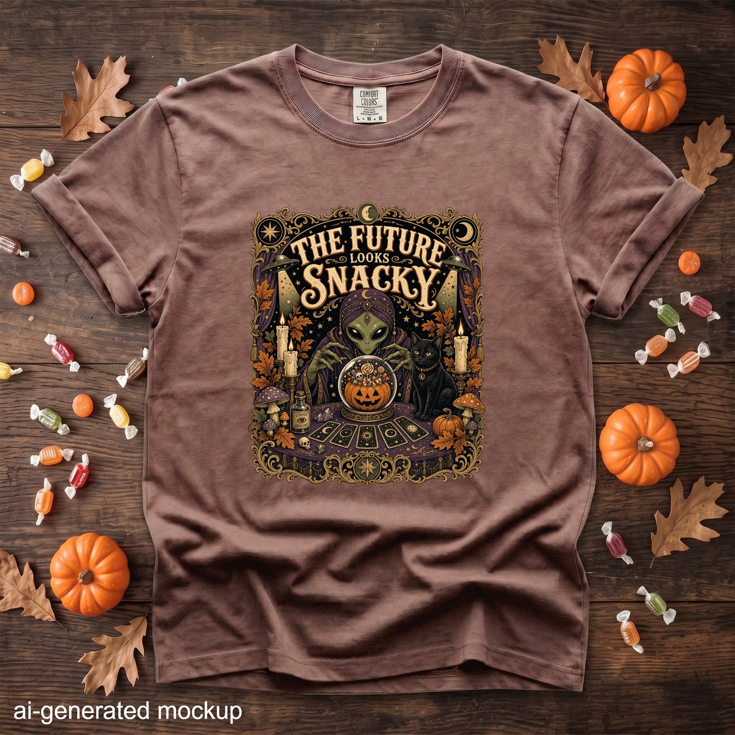 Brown t-shirt with "The Future Looks Snacky" alien Halloween graphic.