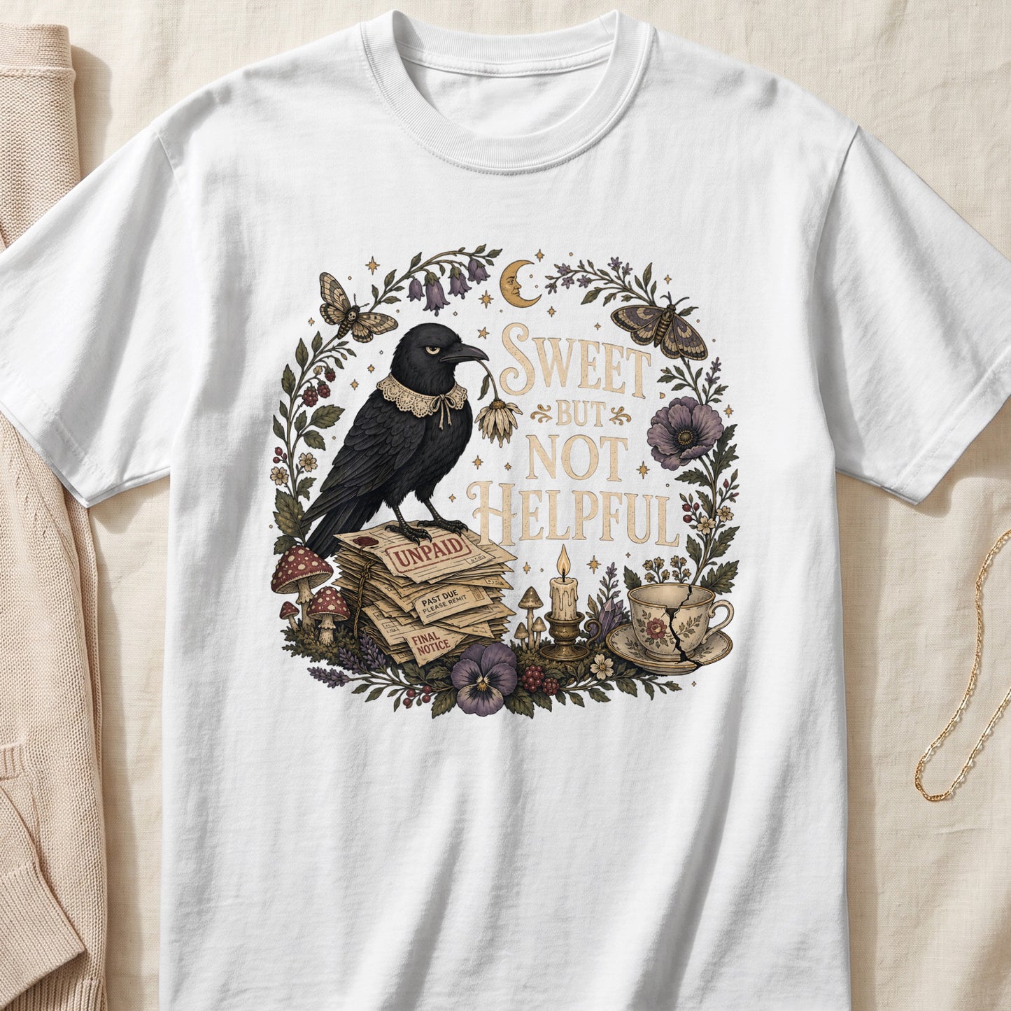 White t-shirt with crow on unpaid bills and "Sweet But Not Helpful" text.