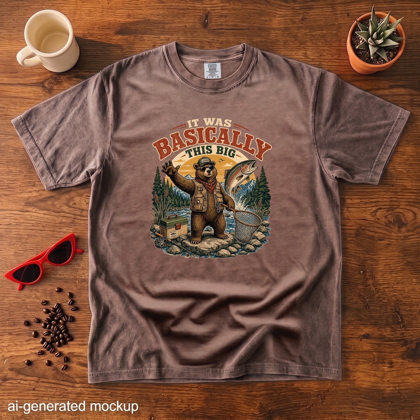 Brown t-shirt with graphic of bear fishing, catching a large salmon, text "It was Basically This Big".