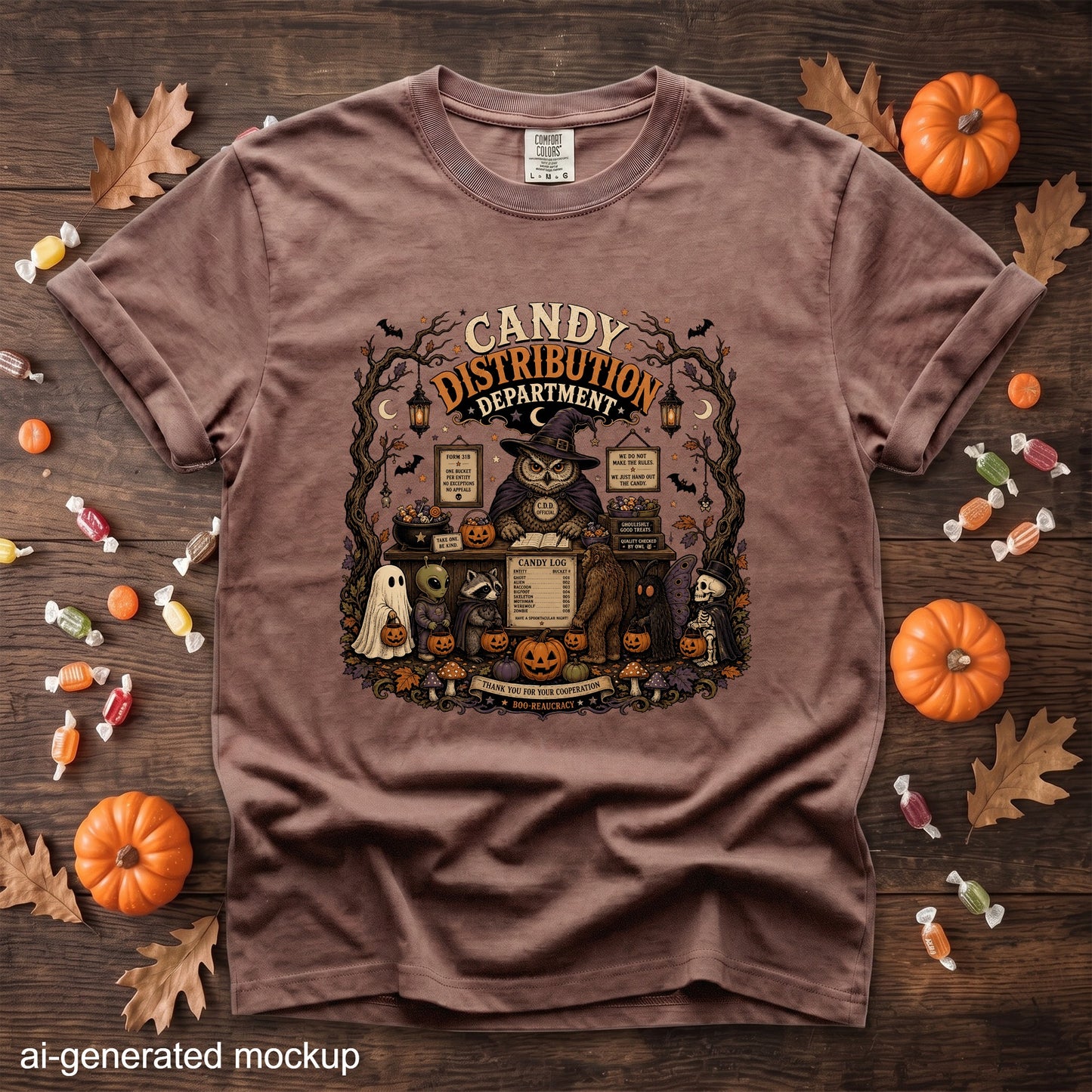 Brown t-shirt with a Halloween graphic of an owl in a hat at a candy counter with various monsters.