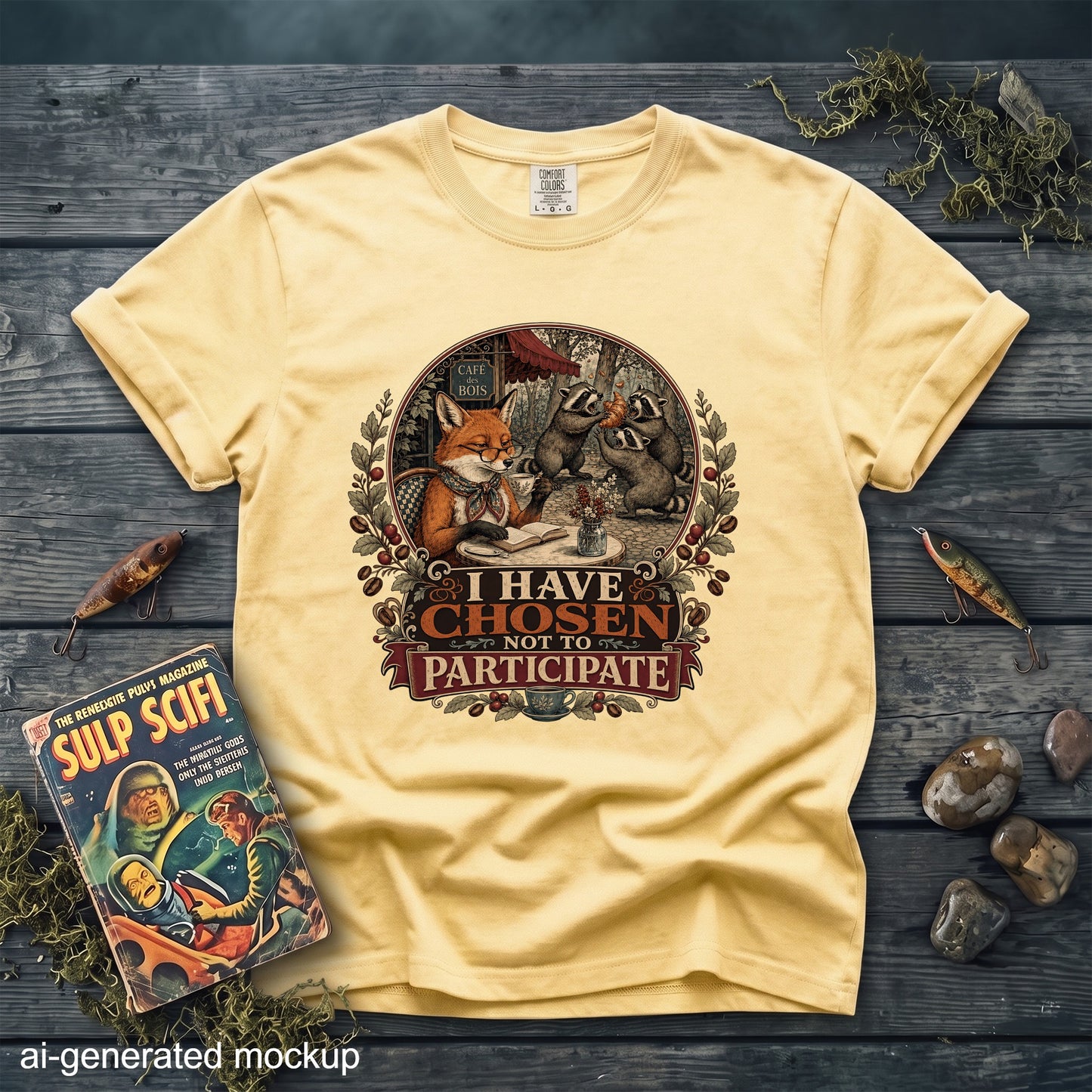 Yellow t-shirt with graphic of fox and raccoons at cafe, reading "I HAVE CHOSEN NOT TO PARTICIPATE".