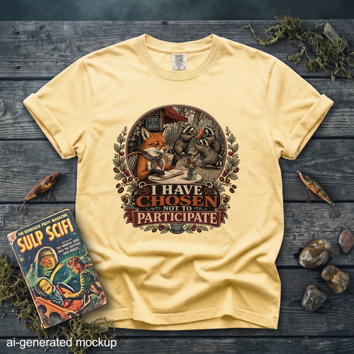 Yellow t-shirt with graphic of fox and raccoons at cafe, reading "I HAVE CHOSEN NOT TO PARTICIPATE".