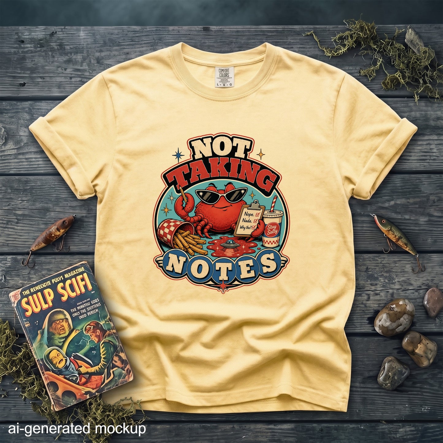 Yellow t-shirt with graphic of a crab wearing sunglasses, saying "NOT TAKING NOTES"
