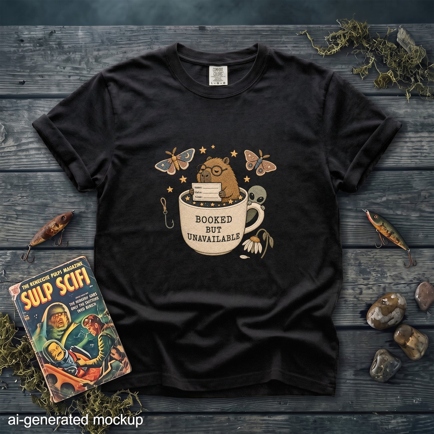 Black t-shirt graphic with capybara, alien, moths, and text "Booked but Unavailable".