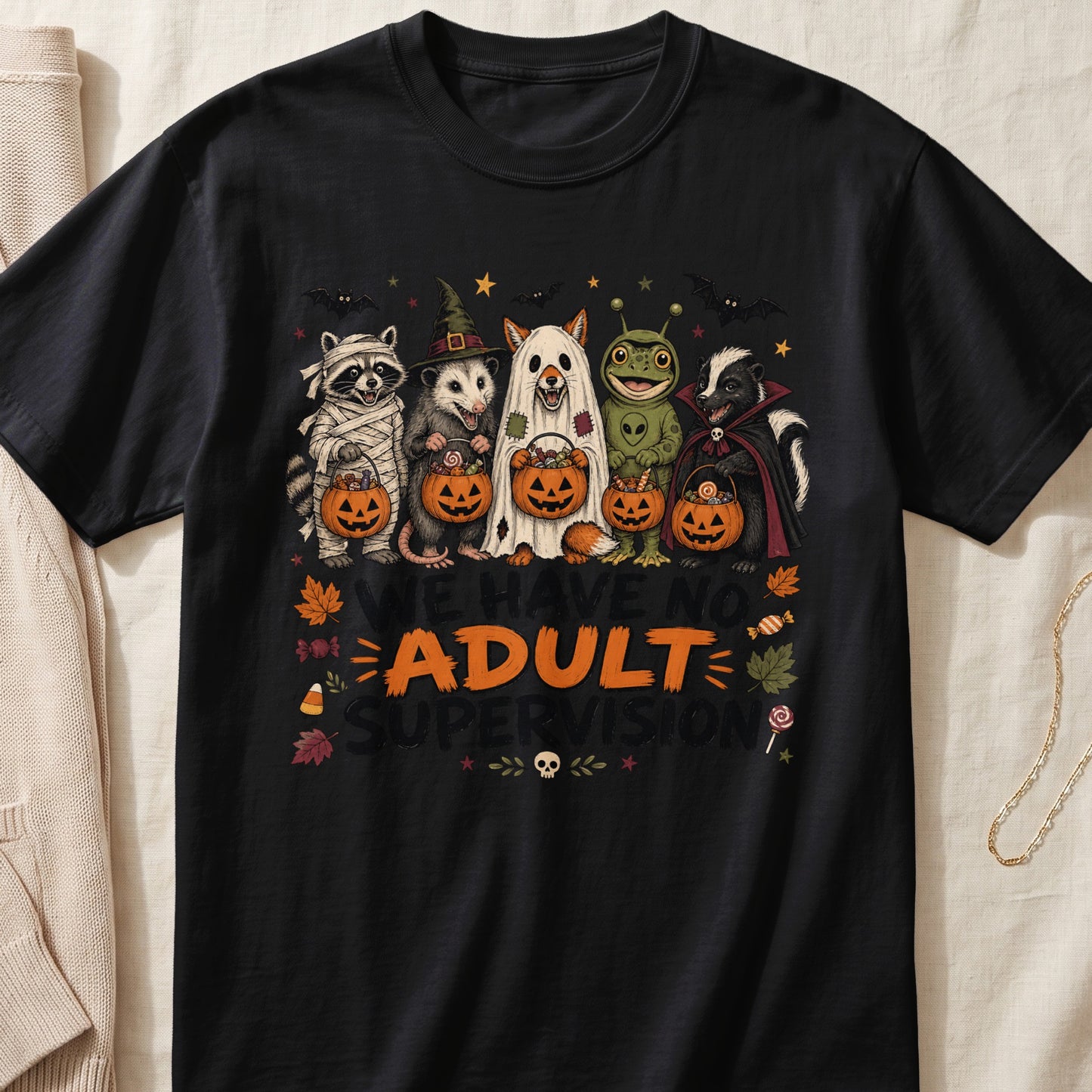 Halloween t-shirt with animals in costumes and "We Have No Adult Supervision" text.