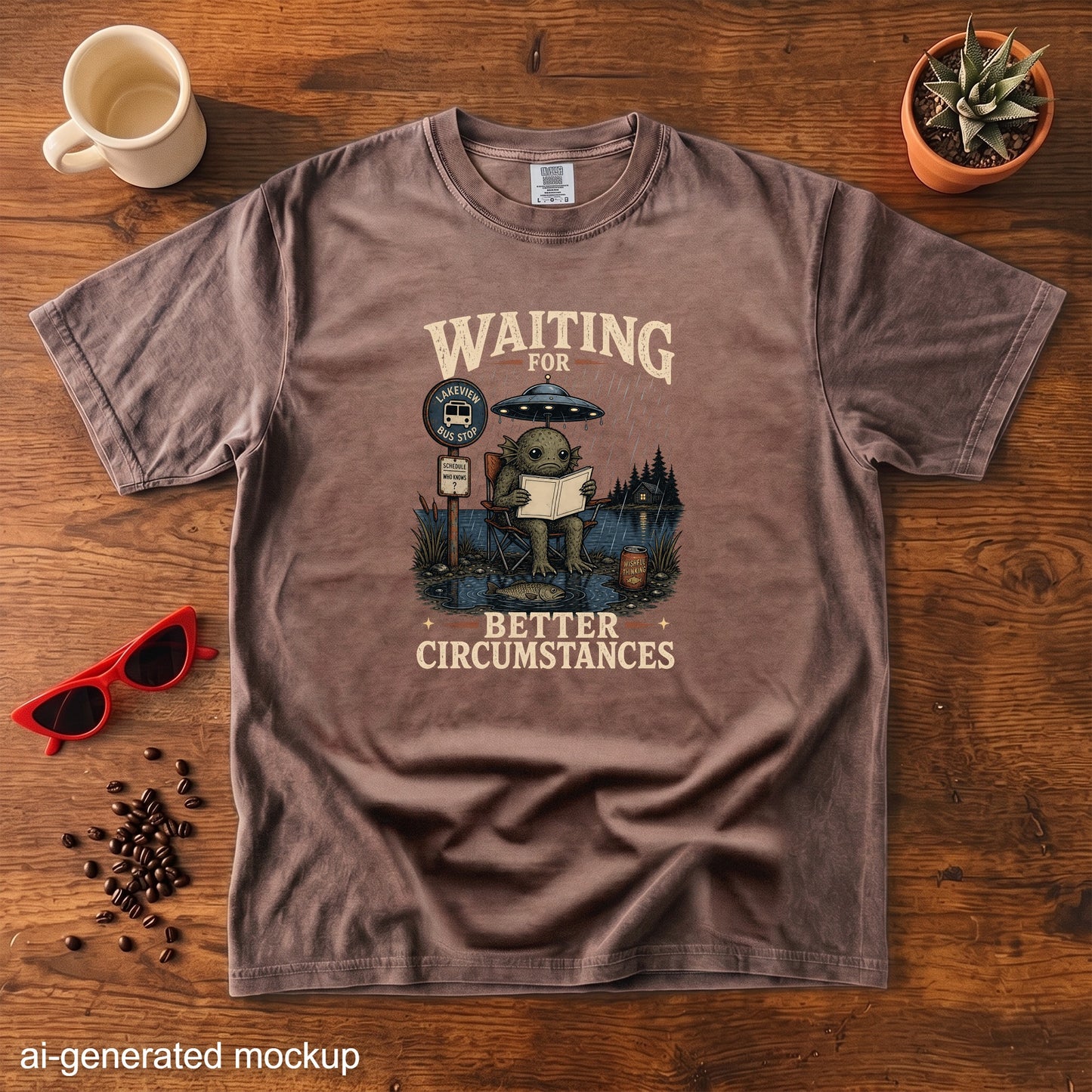T-shirt with graphic: creature at bus stop under UFO, "Waiting for Better Circumstances."