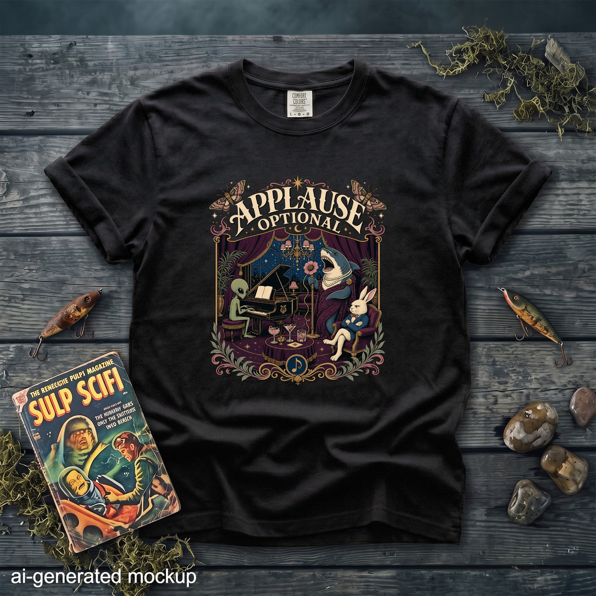 Black t-shirt with "Applause Optional" graphic featuring alien, shark, and rabbit.