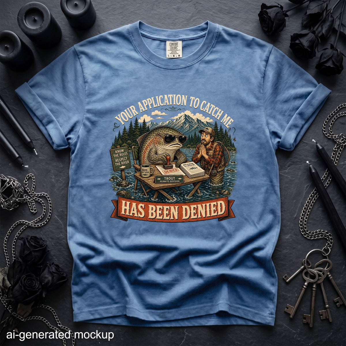 T-shirt graphic of a fish denying a fisherman's application with the text "Your application to catch me has been denied."