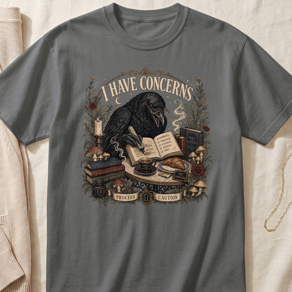 Crow wearing glasses writing in book with text "I HAVE CONCERNS" and "PROCEED CAUTION".