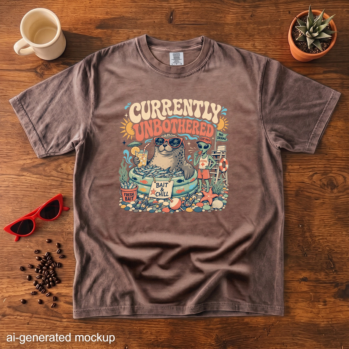 Brown t-shirt with graphic of a seal in a pool and an alien lifeguard saying "Currently Unbothered".