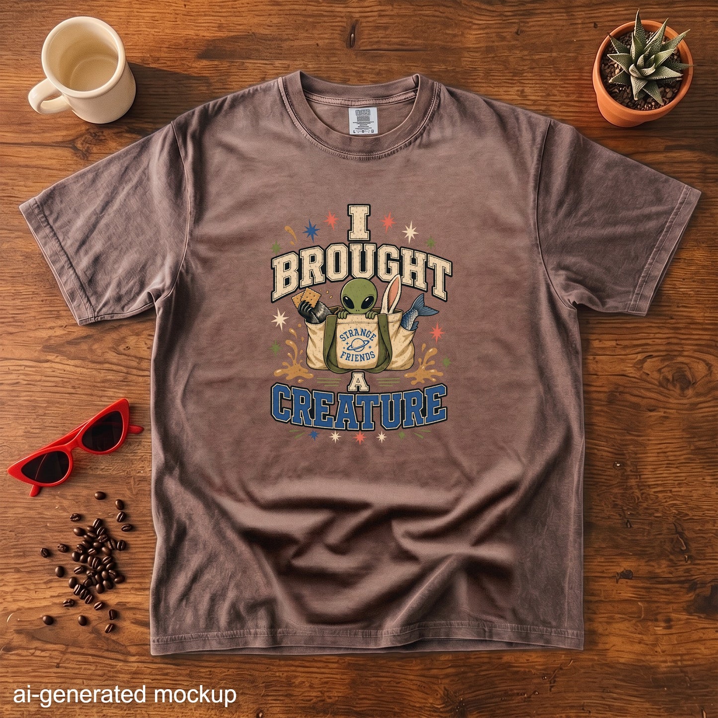 Brown t-shirt with "I Brought Strange Friends a Creature" graphic and alien.