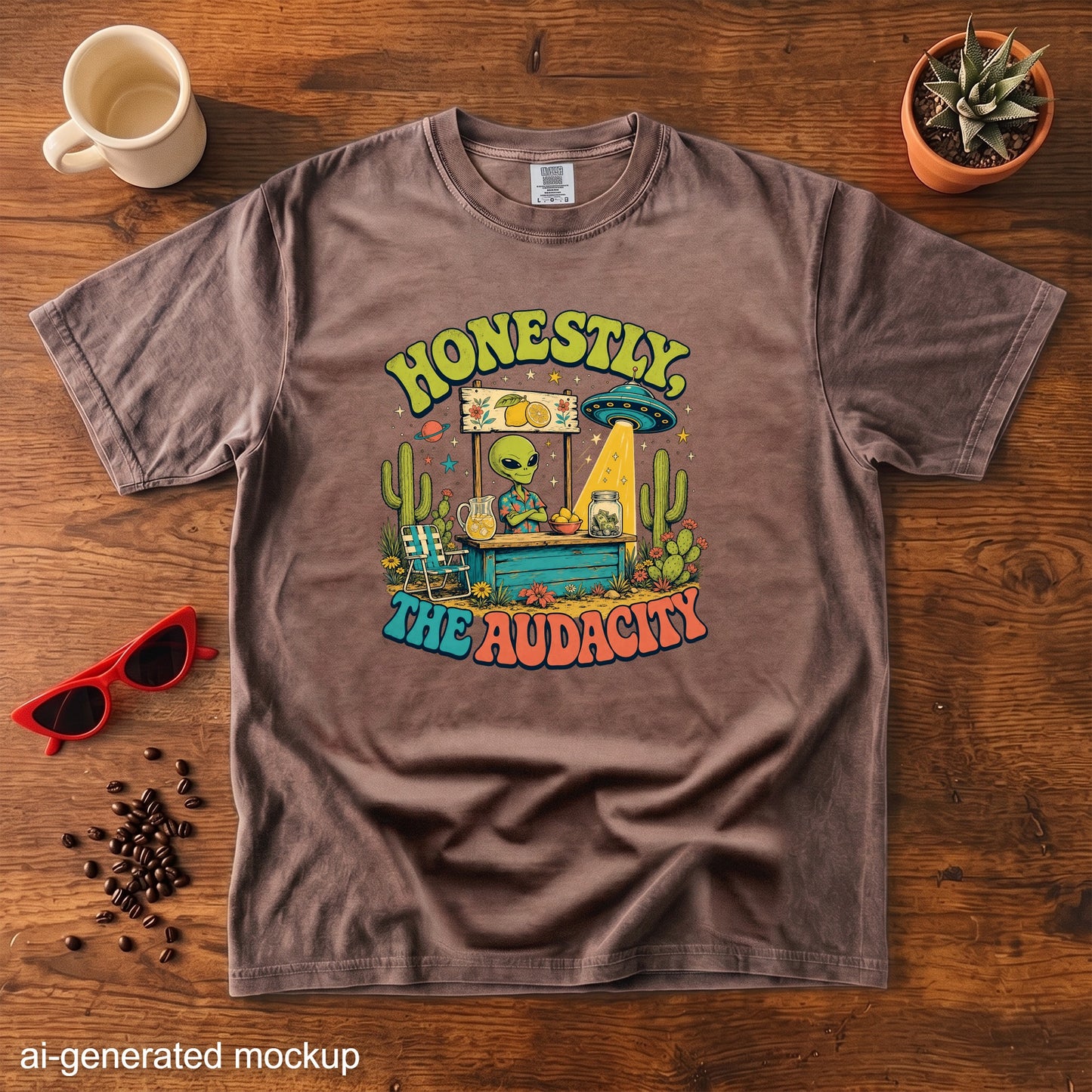 Brown t-shirt with "Honestly, the Audacity" text and alien selling lemonade graphics.