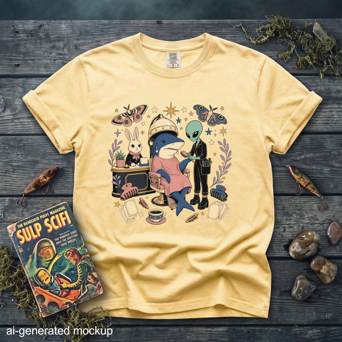 A yellow t-shirt features a colorful retro illustration of an alien styling a shark's hair.
