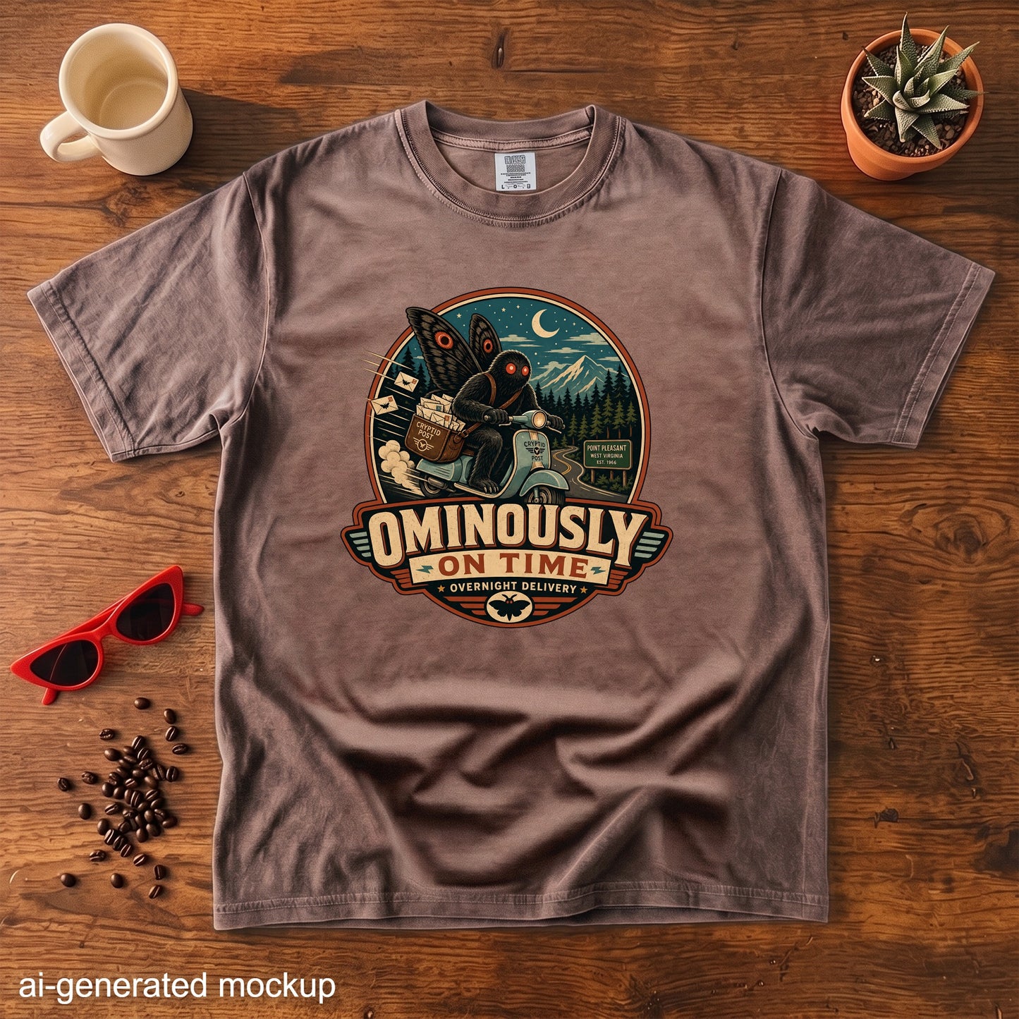 Brown t-shirt with a circular graphic of Mothman on a scooter delivering mail.