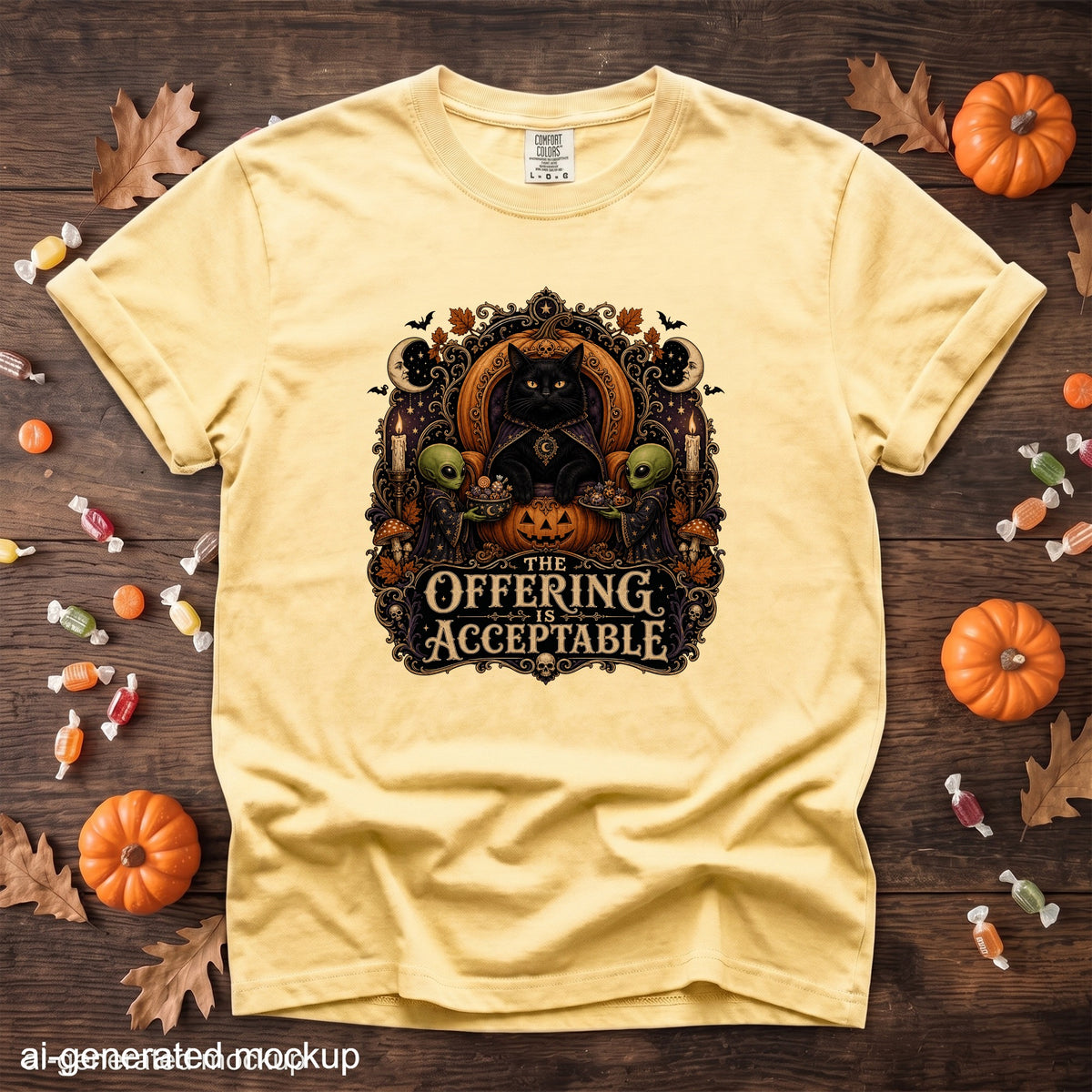 Yellow t-shirt with black cat and aliens, reading "The Offering Is Acceptable."