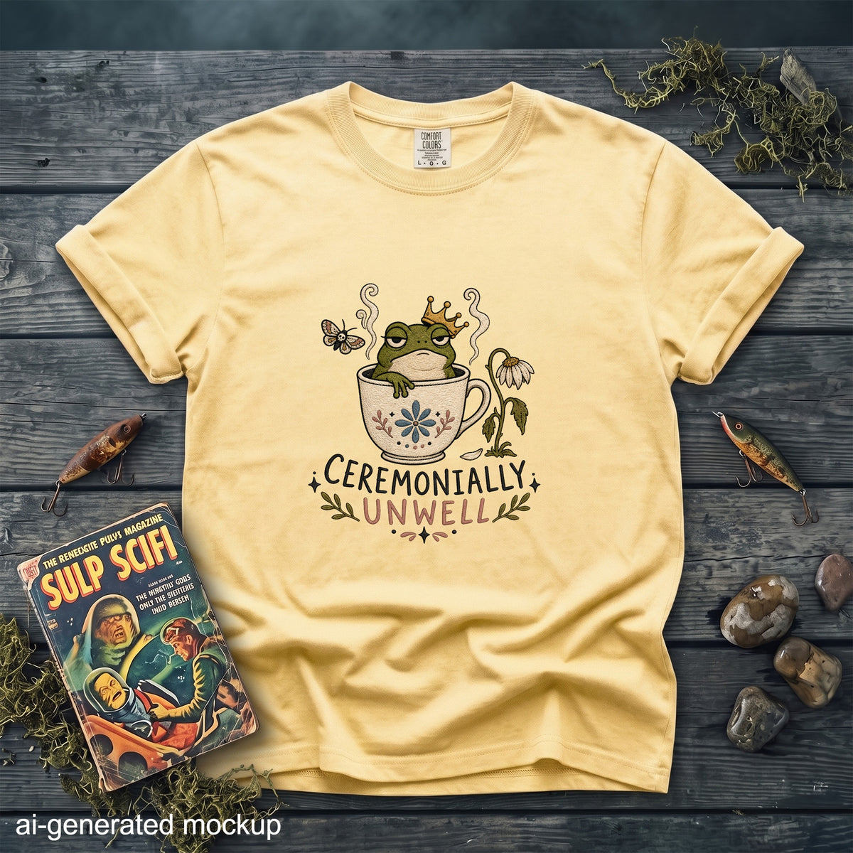 Yellow t-shirt with a graphic of a crowned frog in a teacup, with text "CEREMONIALLY UNWELL".