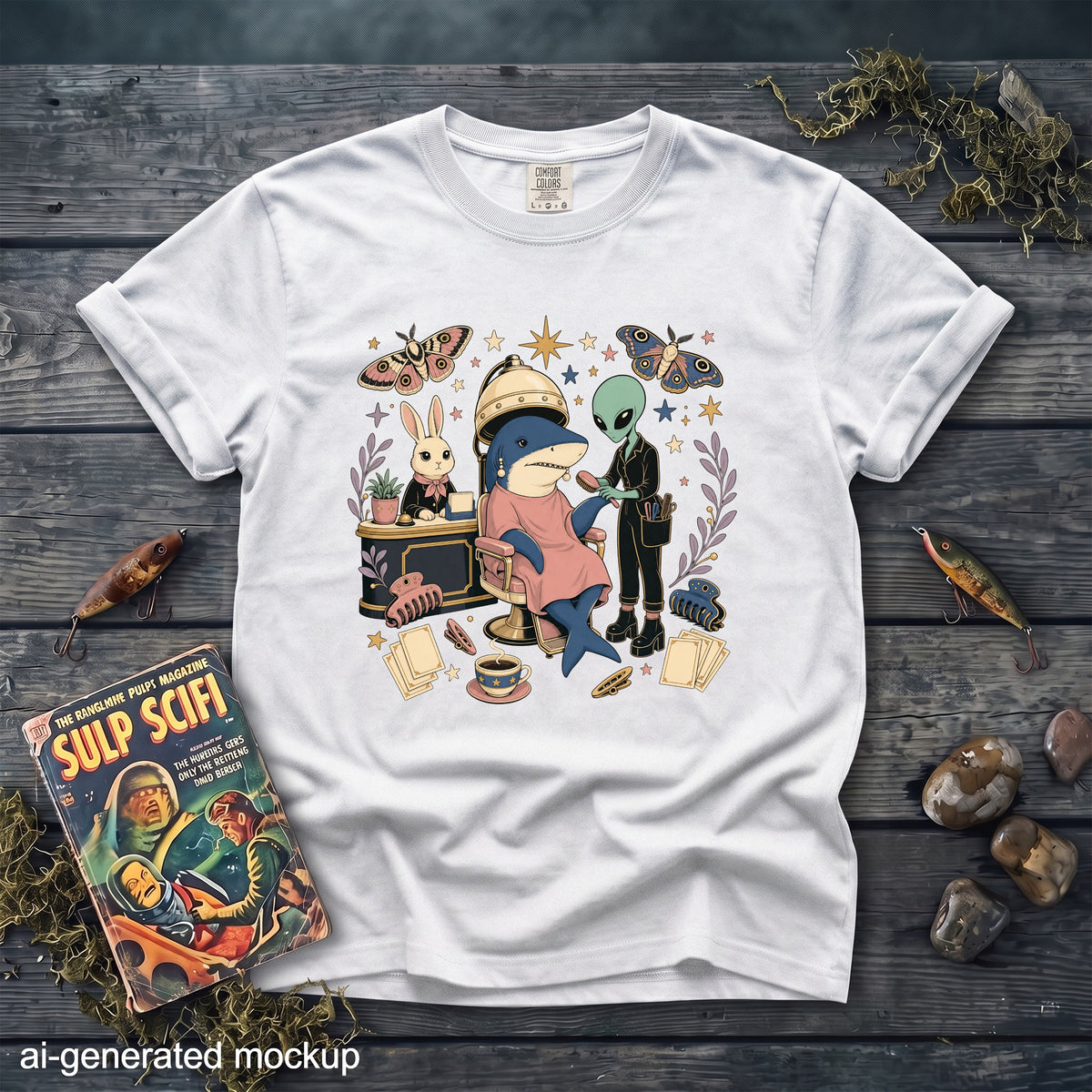 White t-shirt featuring an eclectic graphic of an alien brushing a shark at a hair salon.