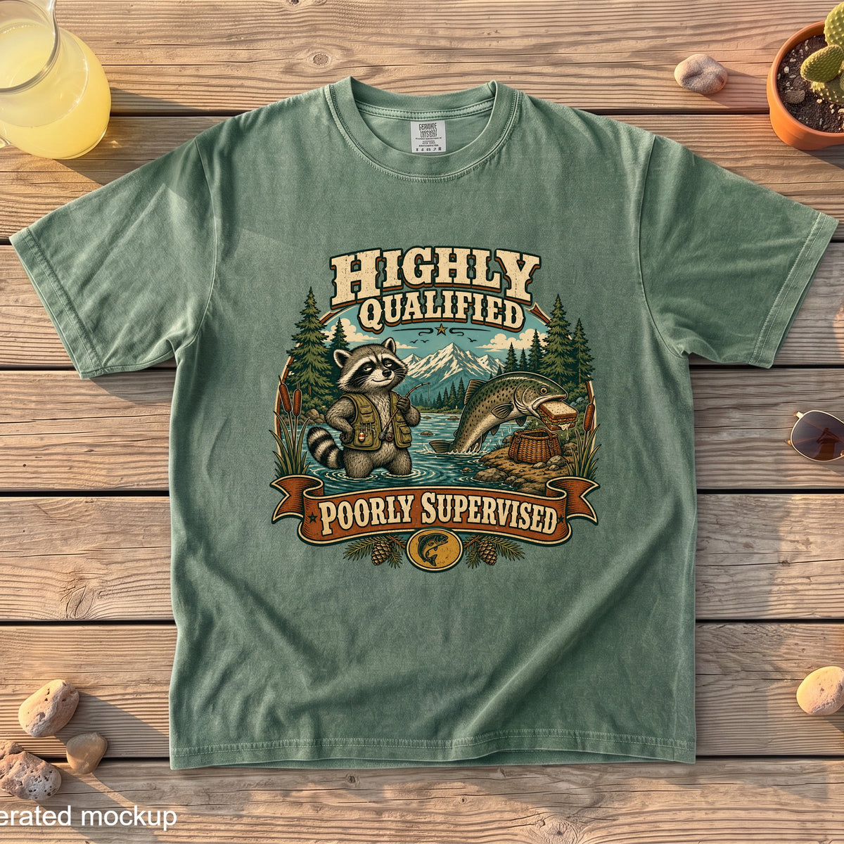 T-shirt with raccoon and fish graphic reading "Highly Qualified Poorly Supervised"