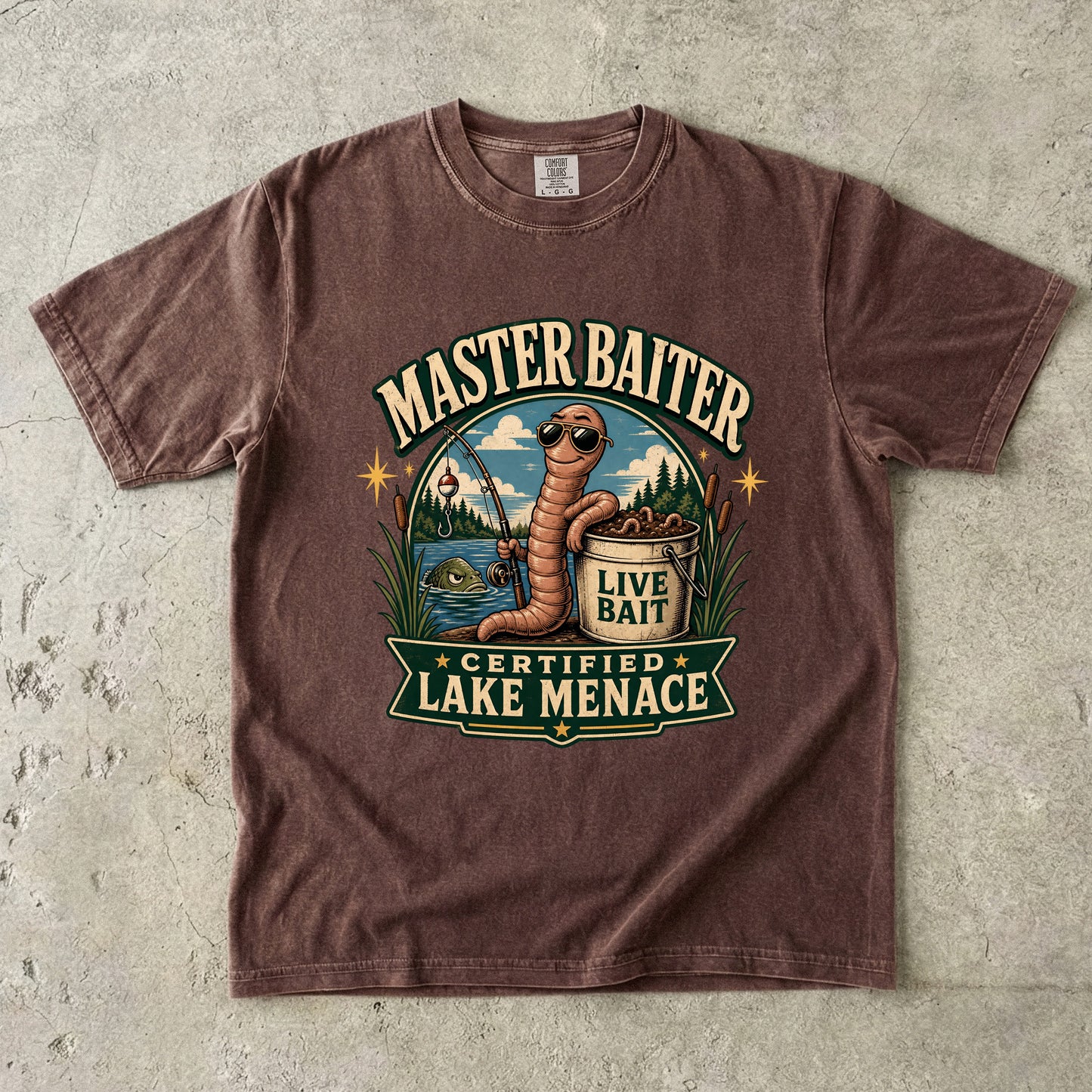 T-shirt graphic with a worm wearing sunglasses, fishing on a lake, with text "Master Baiter Certified Lake Menace".