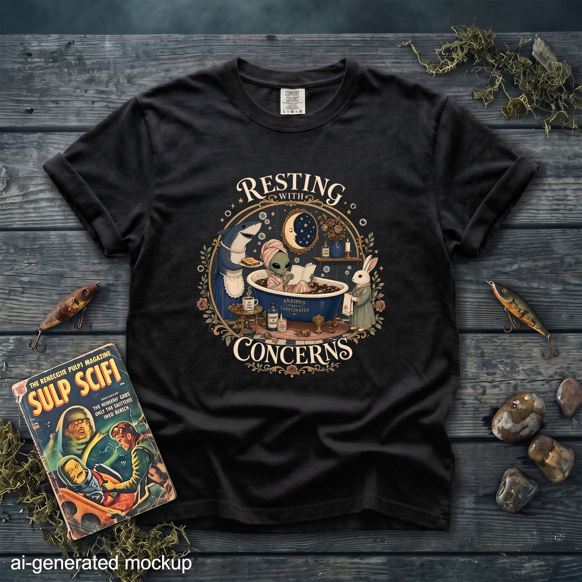 Black t-shirt with "Resting with Concerns" graphic featuring an alien, shark, and rabbit.