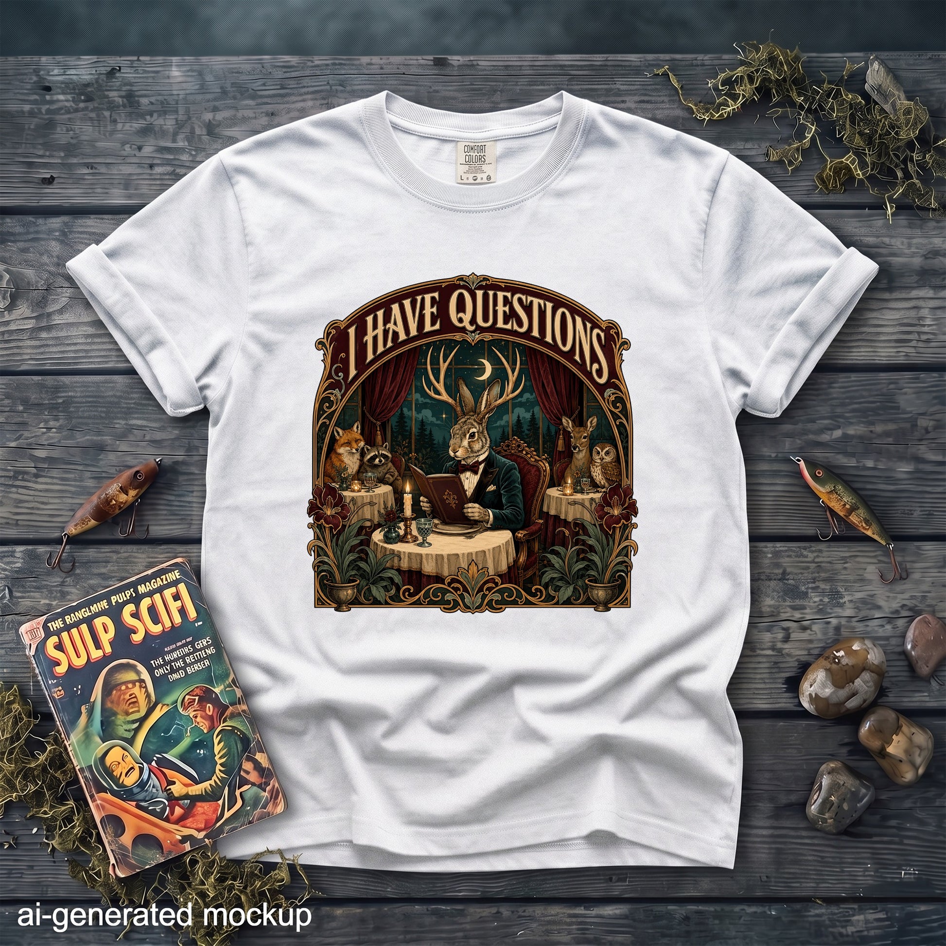 White t-shirt with "I HAVE QUESTIONS" graphic featuring anthropomorphic animals.