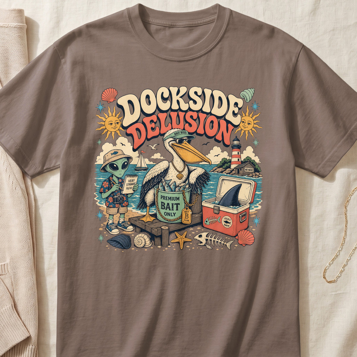 Dockside Delusion graphic on a brown t-shirt with pelican, alien, shark fin, and lighthouse.