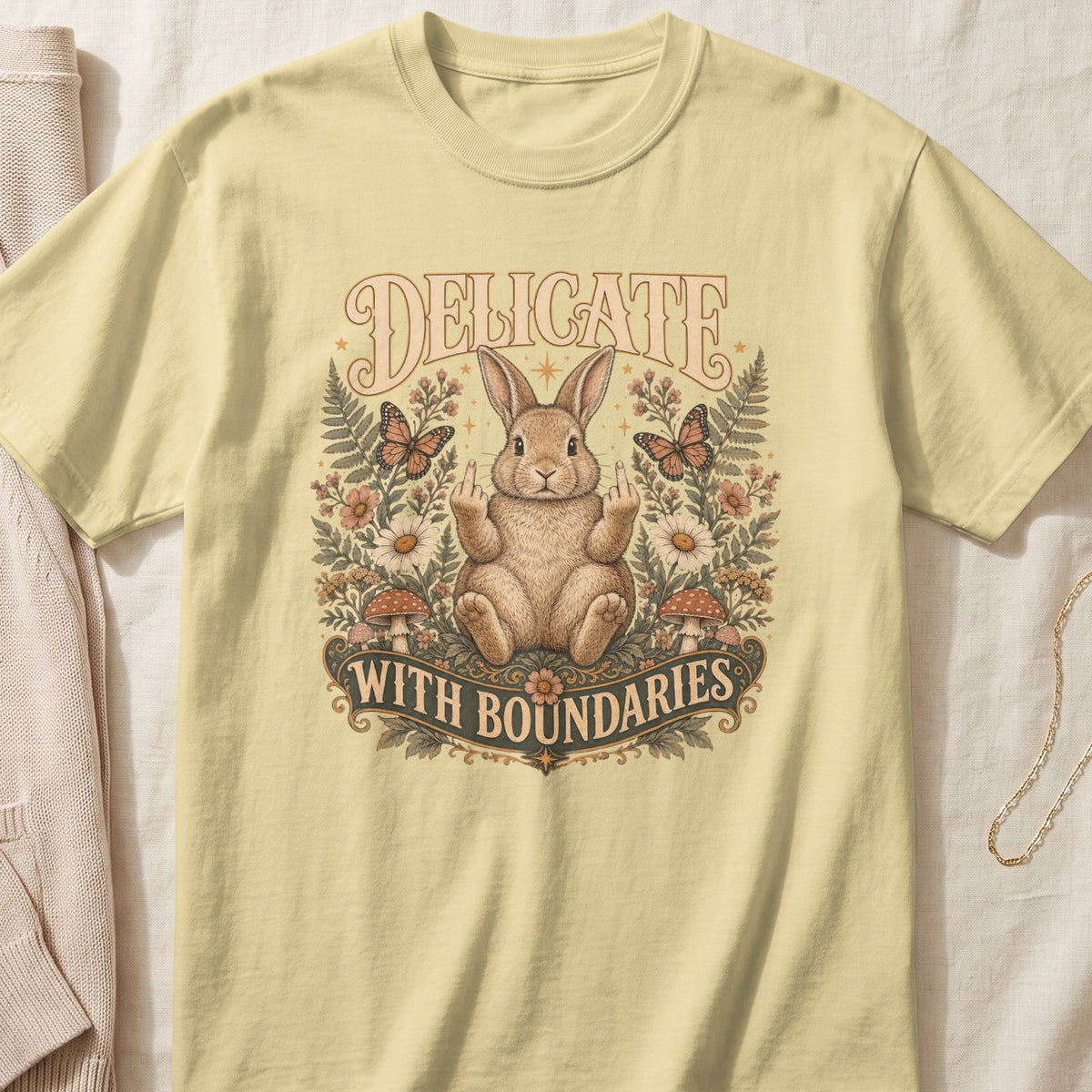 Rabbit with middle fingers up and text "DELICATE WITH BOUNDARIES".