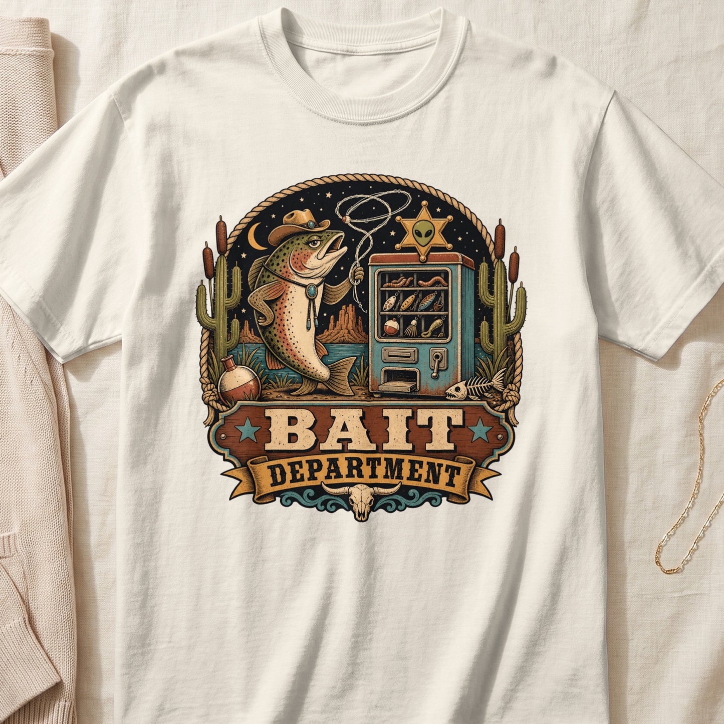 White t-shirt featuring a vintage western graphic of a fish, vending machine, and Bait Department text.
