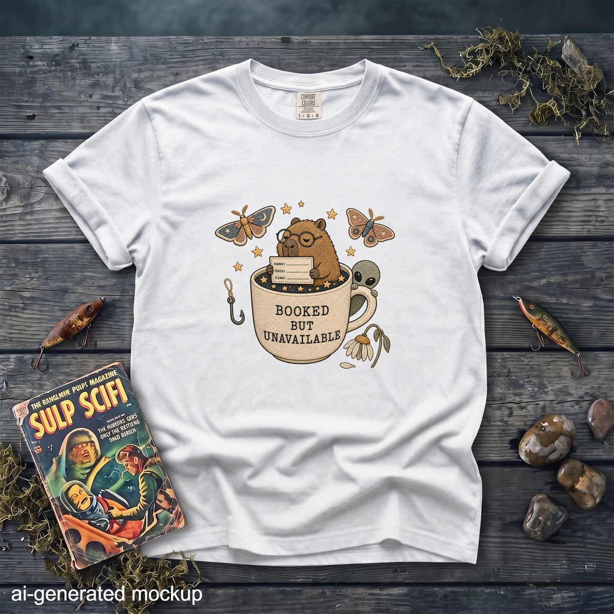 White t-shirt graphic with a capybara in a mug, text "BOOKED BUT UNAVAILABLE", and small alien and moths.