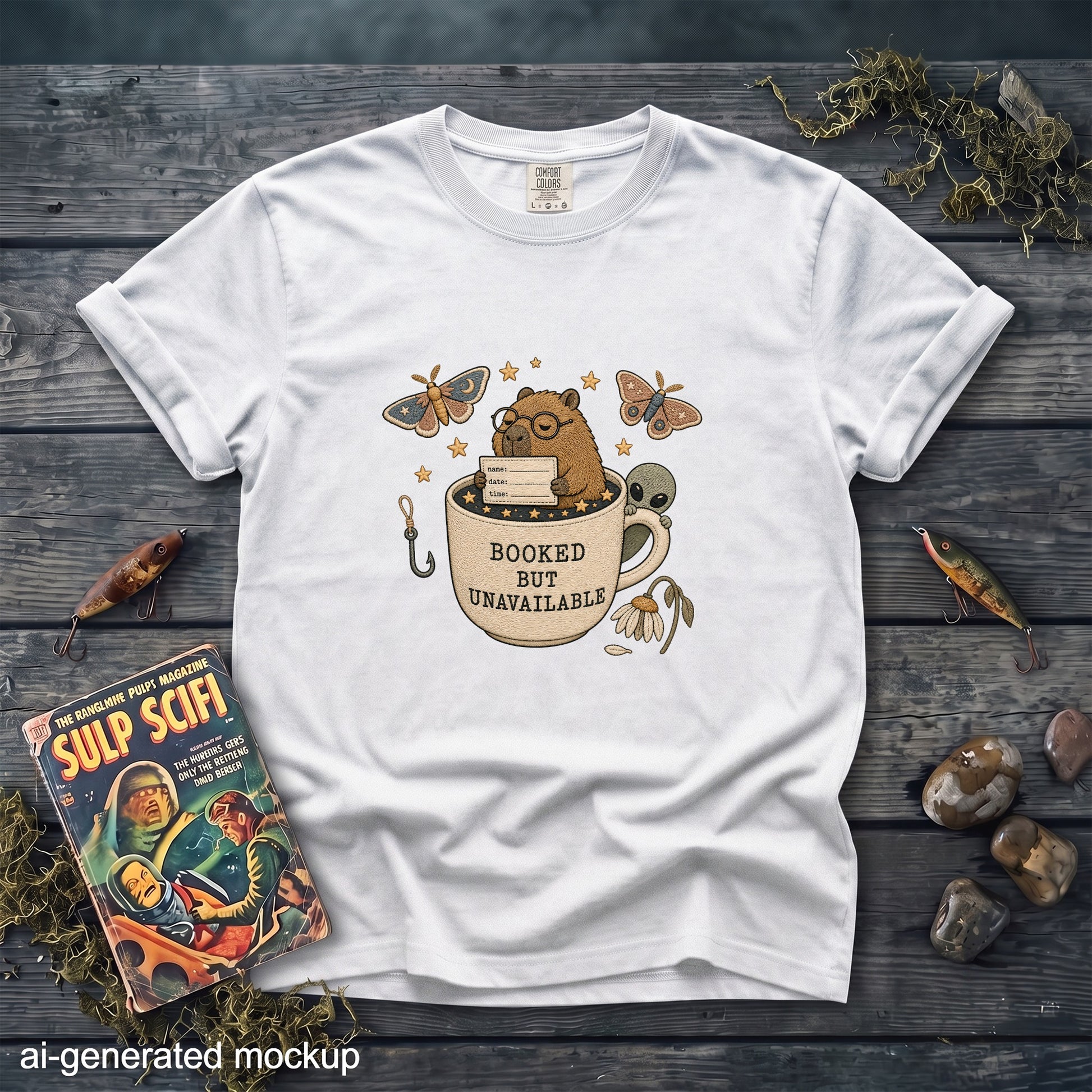 White t-shirt graphic with a capybara in a mug, text "BOOKED BUT UNAVAILABLE", and small alien and moths.