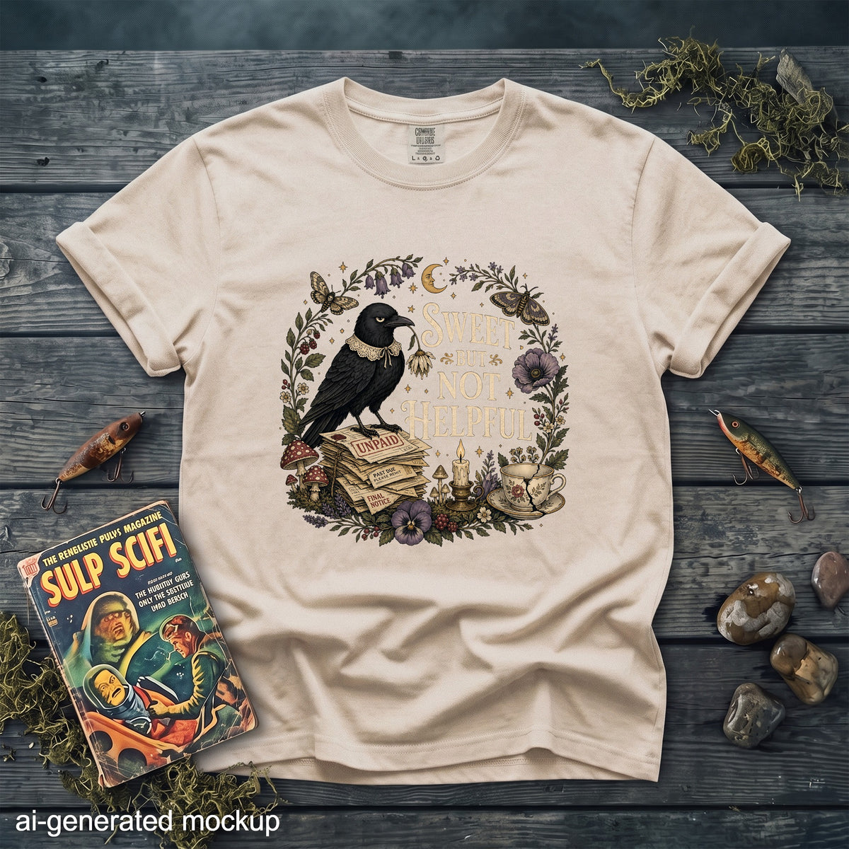 T-shirt with crow, bills, and floral wreath graphic reading "Sweet But Not Helpful".