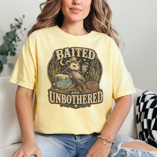 Opossum in cowboy hat holding drink, with text "Baited and Unbothered."