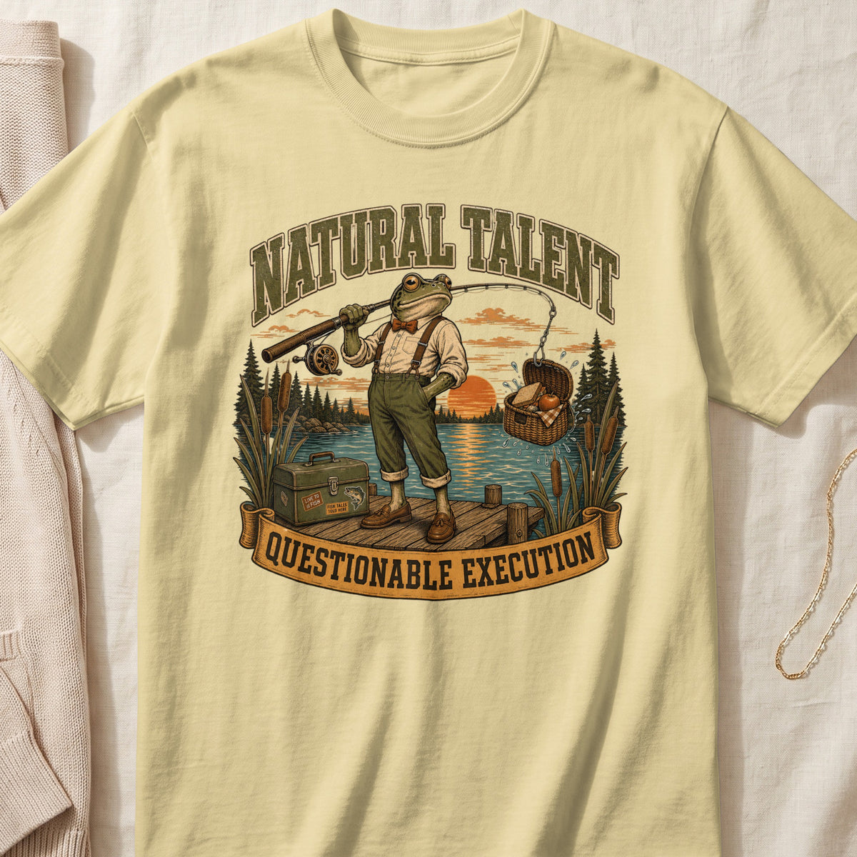 Frog fisherman wearing suspenders and hat with text "Natural Talent Questionable Execution".